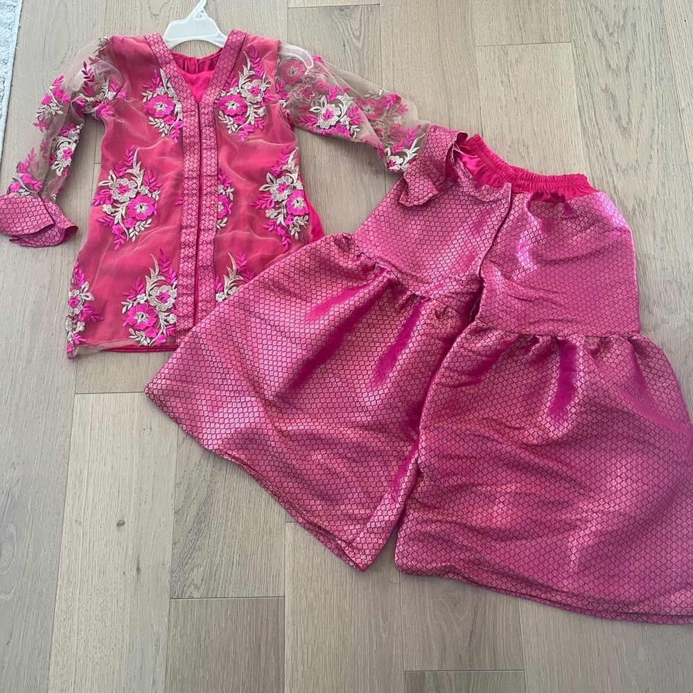 Pink Floral Embroidered Kurta & Gharara Matching Set